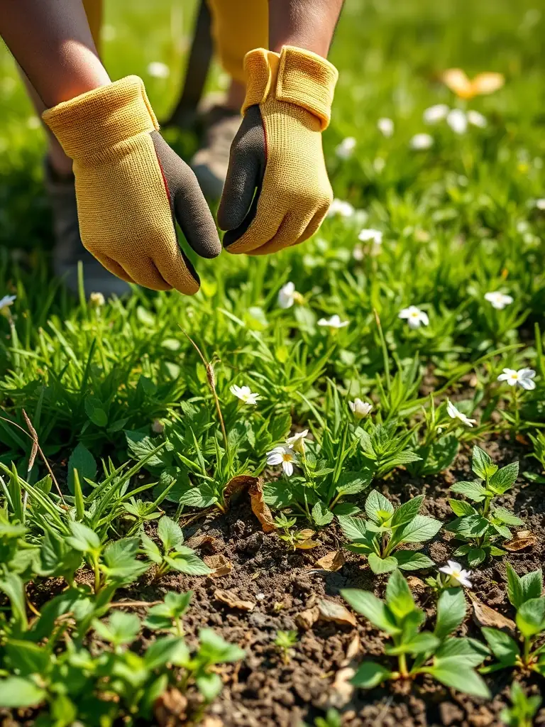 A professional worker removing weeds from a lush yard in Las Cruces, with a clear focus on detail and cleanliness.