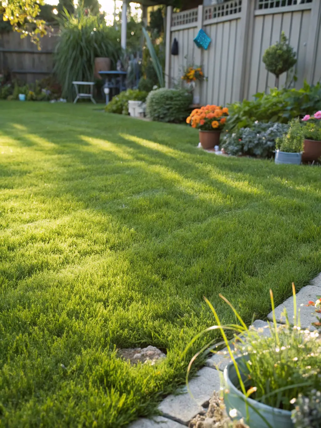 A well-maintained lawn with freshly mowed grass and landscaped flower beds in Las Cruces, NM.