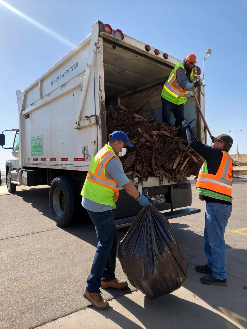 A team loading junk into a disposal truck in a residential area of Las Cruces, NM.